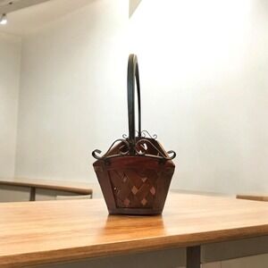 Vintage Rare Wicker Basket w/Wrought Iron Handle Diamond Cutouts Sturdy Garden